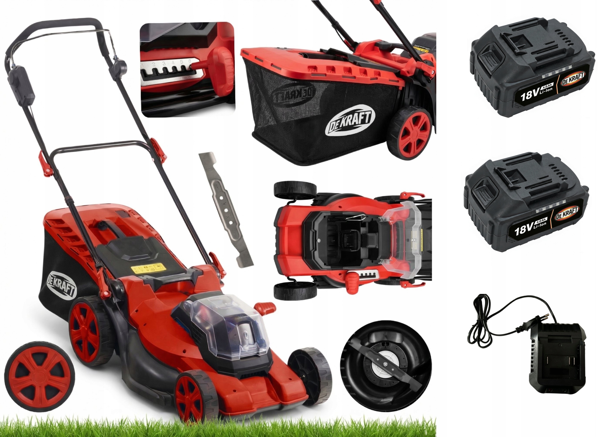 DEKRAFT DE382AK BATÉRIOVÁ KOSAČKA NA TRÁVU 38 cm 18 V 2 BATÉRIE + NABÍJAČKA